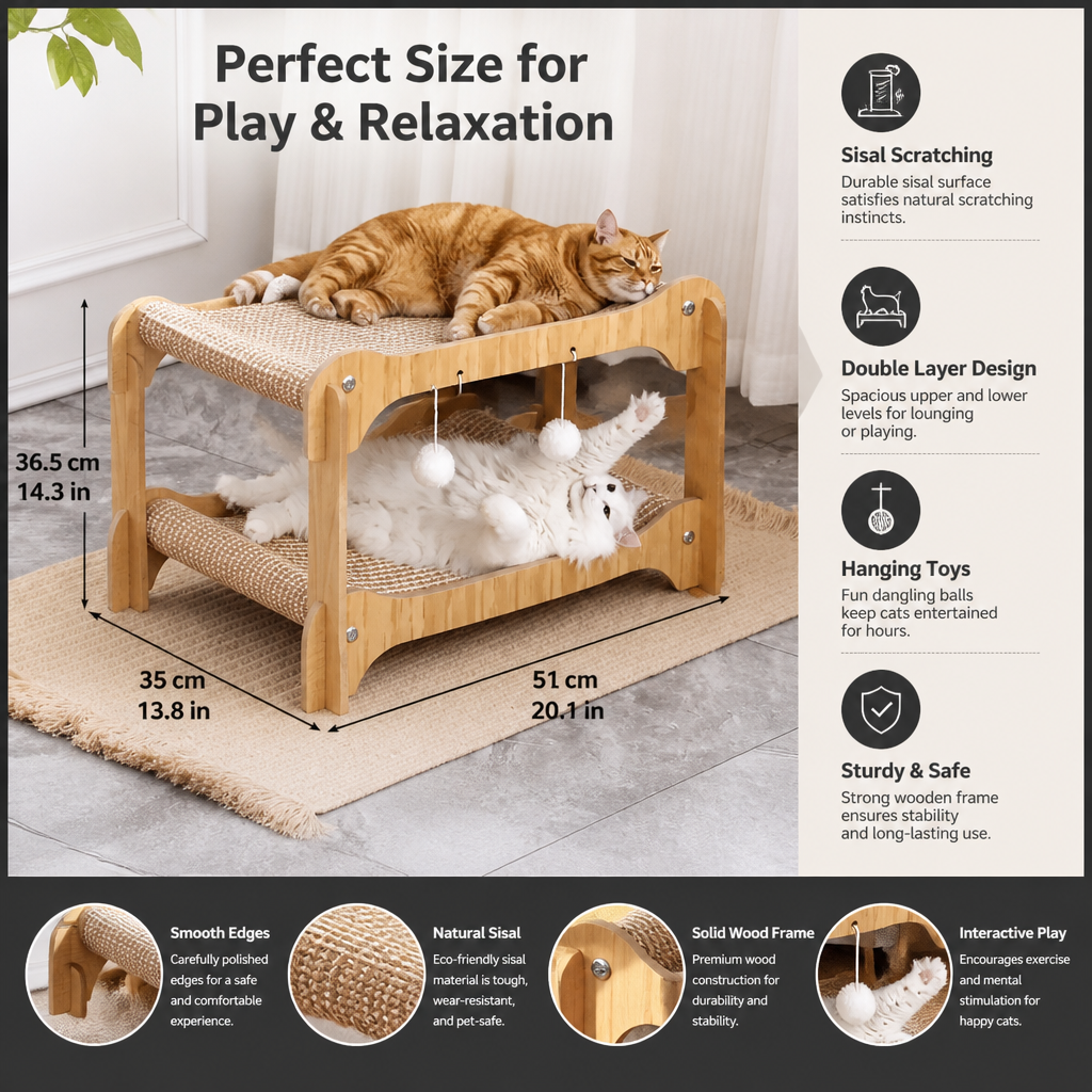 Wooden Double-Decker Cat Play & Lounge Bed with Sisal Scratching Ramp and Hanging Toys