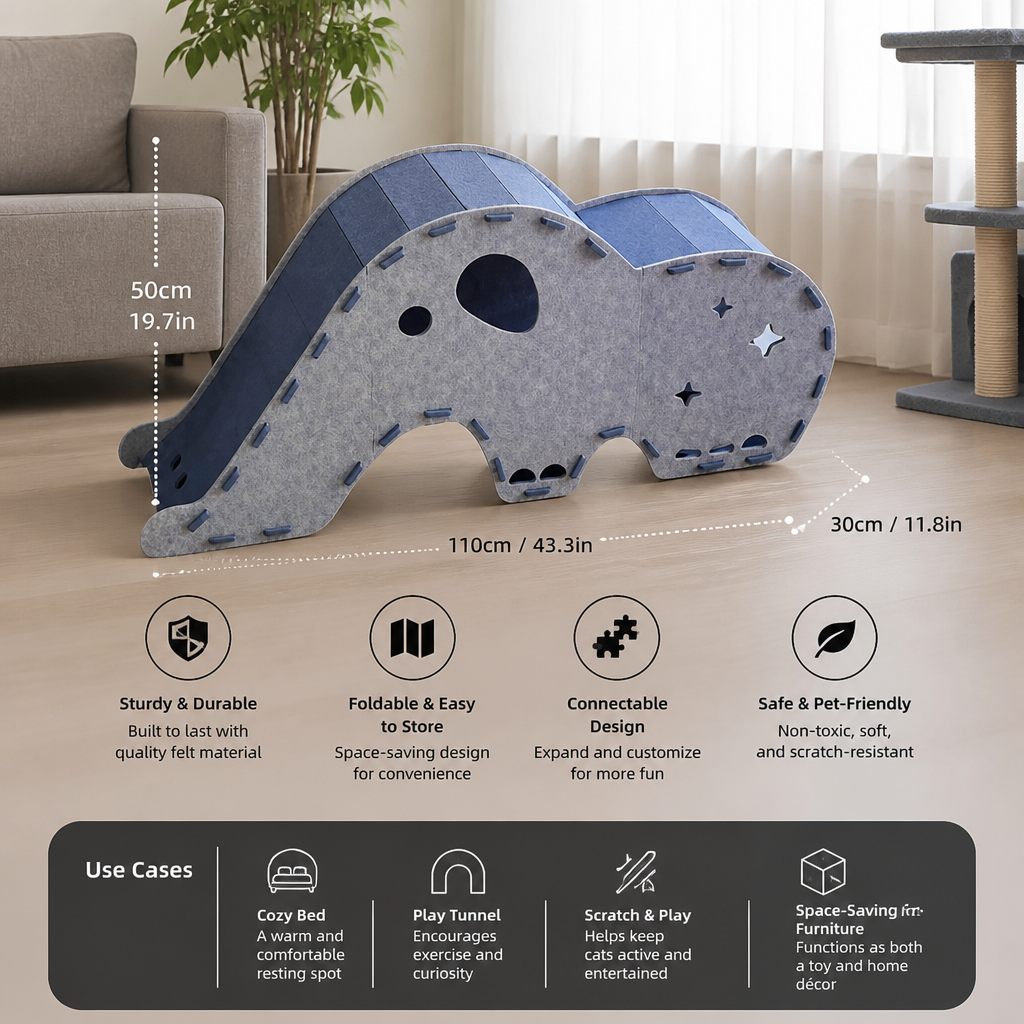Elephant-Shaped Felt Cat Play Tunnel & Cozy Bed – Foldable and Connectable Design