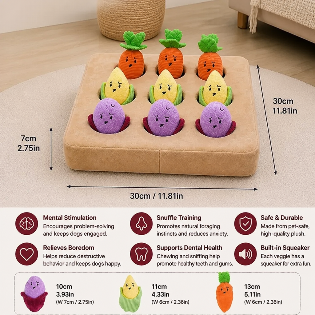 Interactive Vegetable Garden Treat Toy – Hide & Seek Snuffle Puzzle with Squeaky Veggies