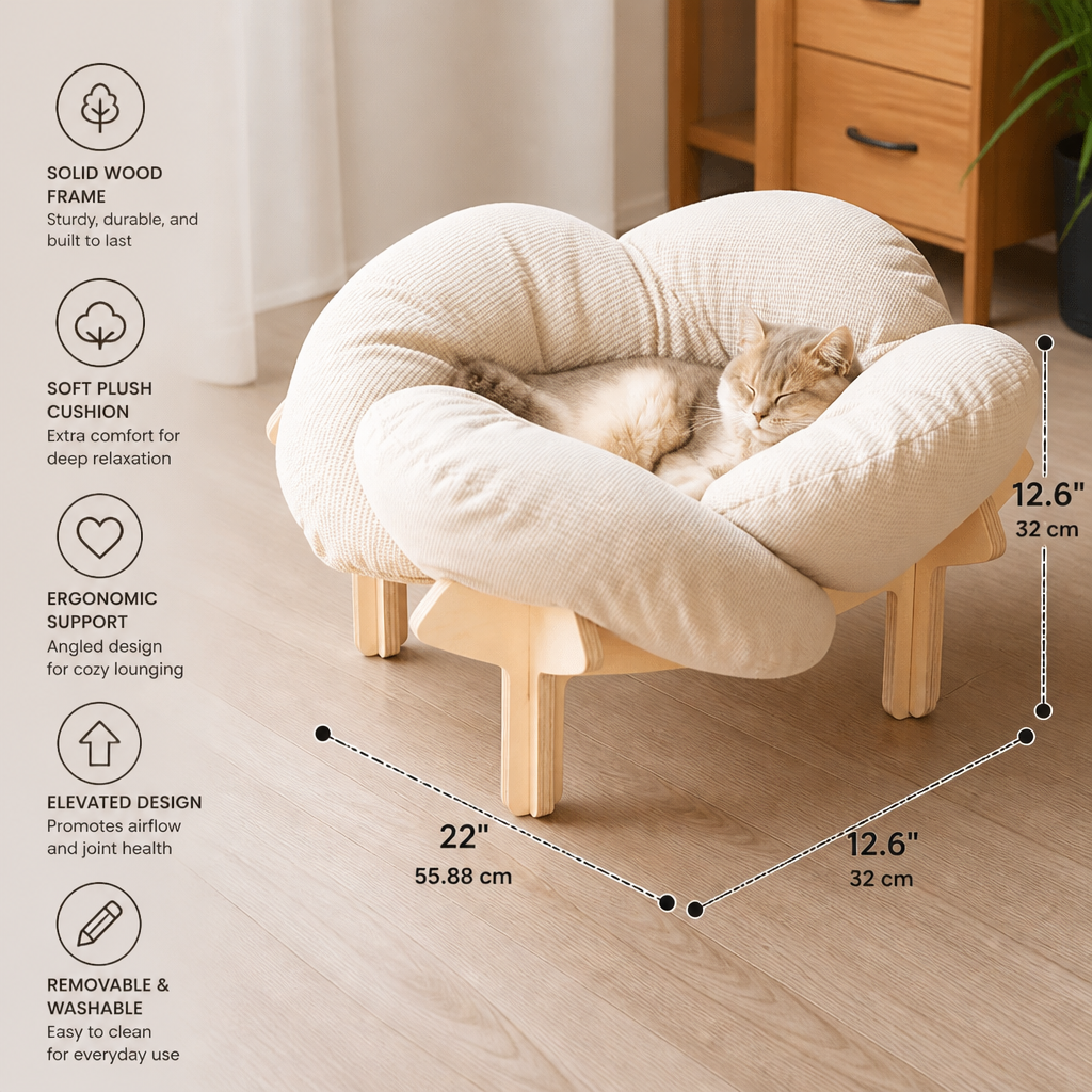 Luxury Elevated Wooden Flower Pet Bed with Plush Cushion