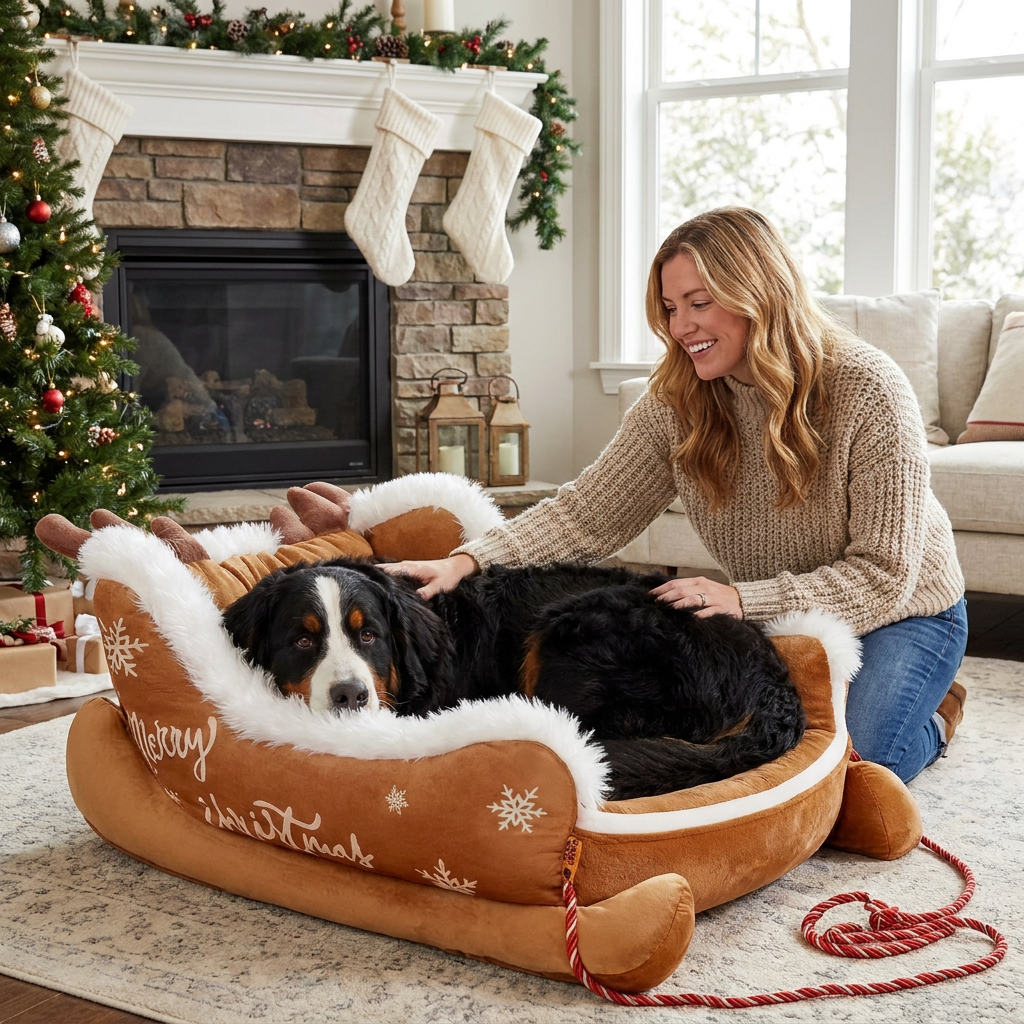 Christmas Sleigh-Shaped Plush Pet Bed with Washable Waterproof Cover