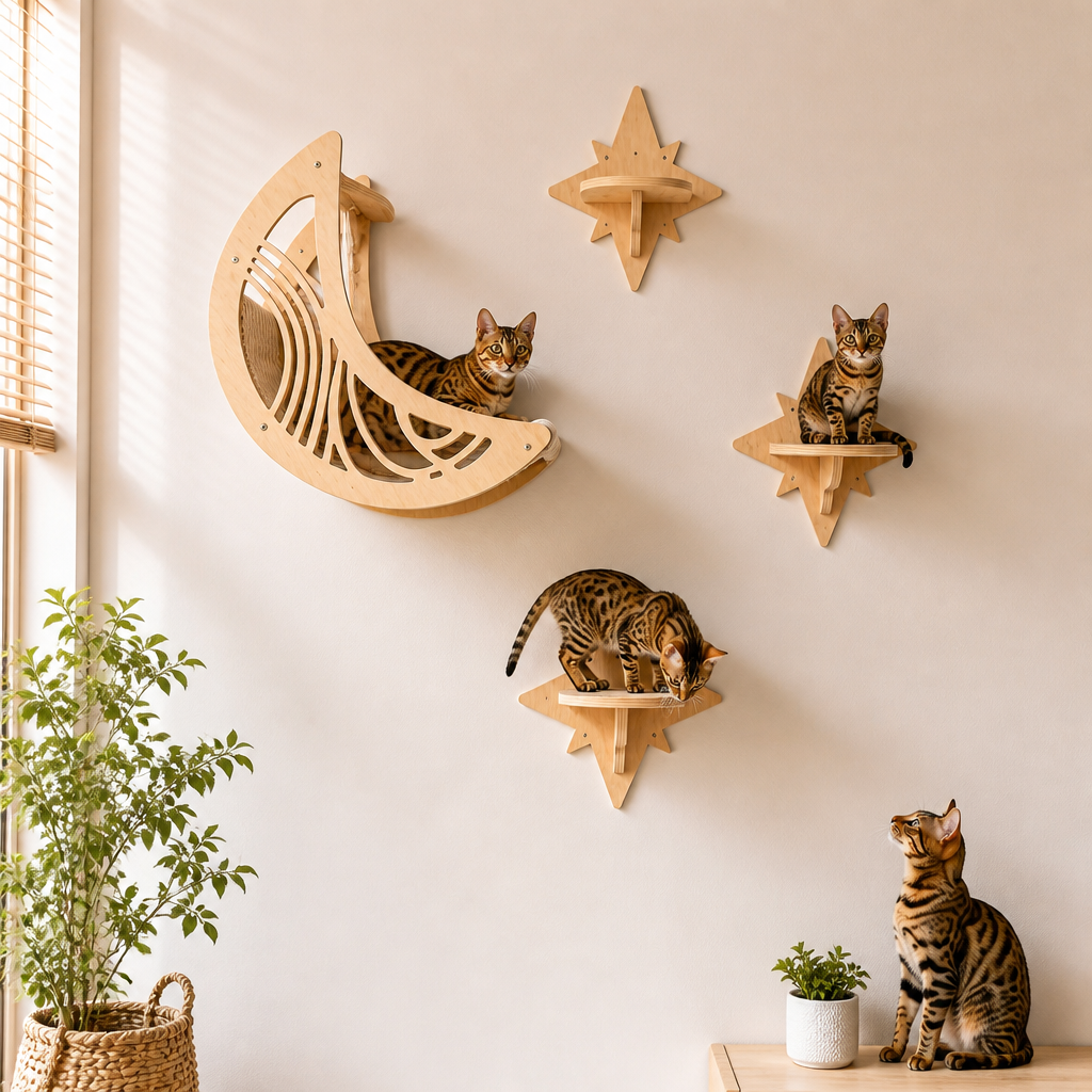 Modern Wooden Moon & Star Wall-Mounted Cat Climbing Shelves & Bed Set