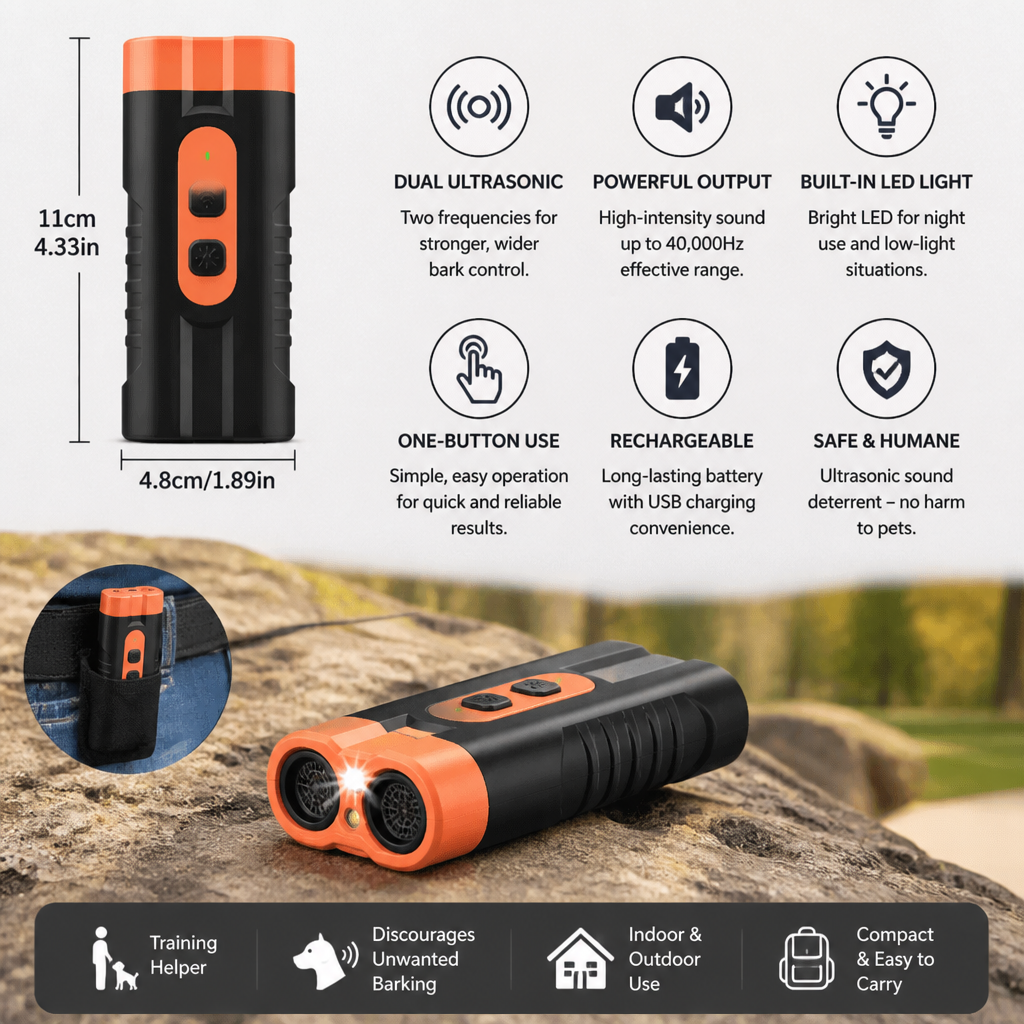 Ultrasonic Dog Bark Control Device – Portable & Rechargeable