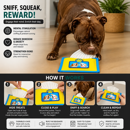 Durable Wet Wipe Snuffle Toy for Dogs – Squeaky Nosework Puzzle with Hidden Treat Pocket