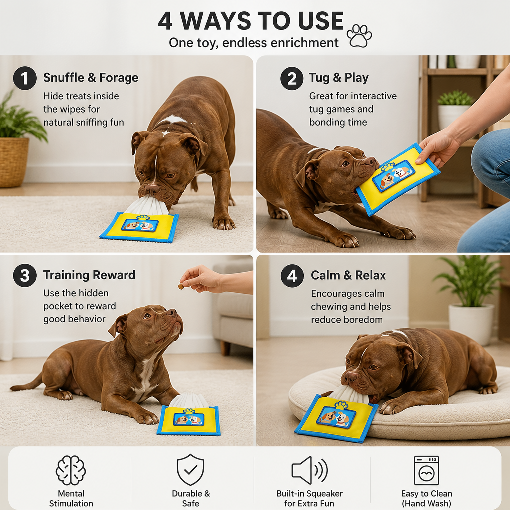 Durable Wet Wipe Snuffle Toy for Dogs – Squeaky Nosework Puzzle with Hidden Treat Pocket