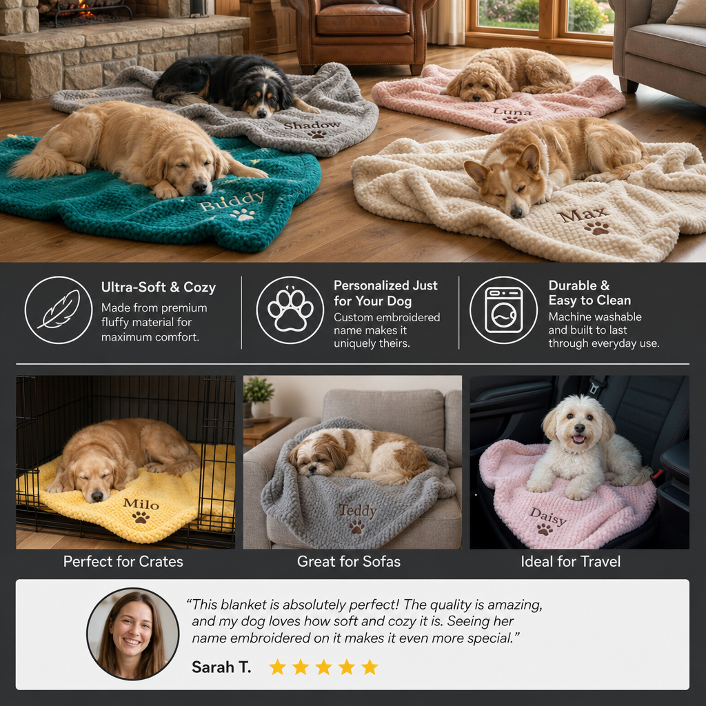 Personalized Fluffy Dog Blanket with Custom Embroidery