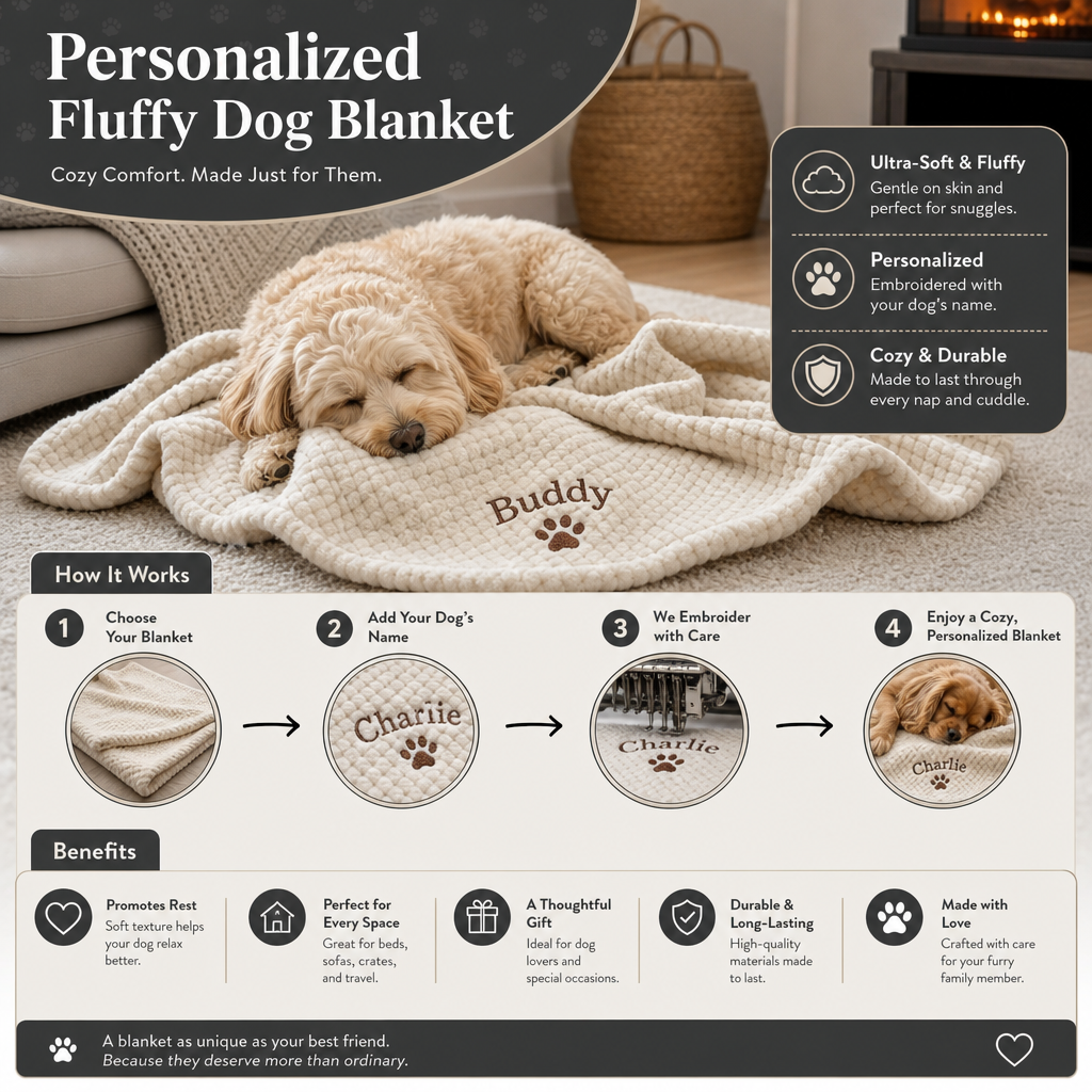 Personalized Fluffy Dog Blanket with Custom Embroidery