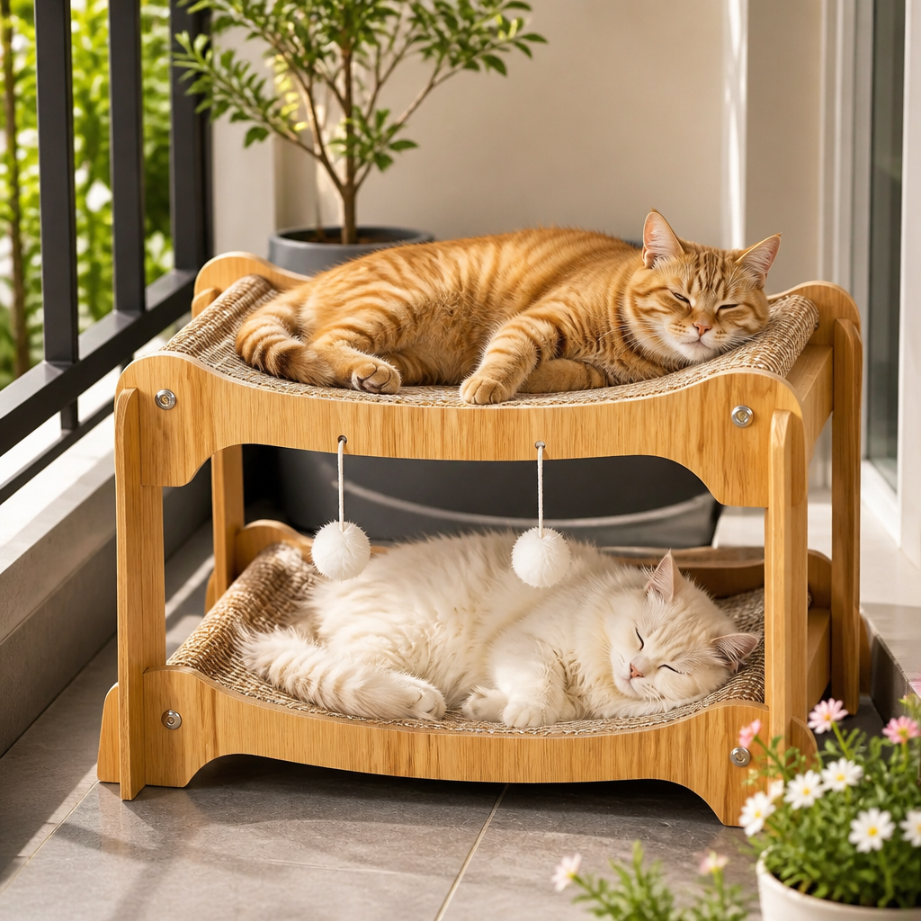 Wooden Double-Decker Cat Play & Lounge Bed with Sisal Scratching Ramp and Hanging Toys