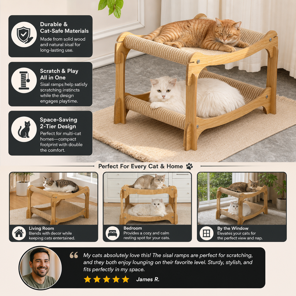Wooden Double-Decker Cat Play & Lounge Bed with Sisal Scratching Ramp and Hanging Toys
