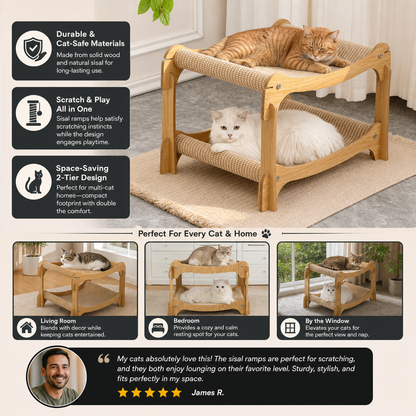 Wooden Double-Decker Cat Play & Lounge Bed with Sisal Scratching Ramp and Hanging Toys