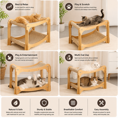 Wooden Double-Decker Cat Play & Lounge Bed with Sisal Scratching Ramp and Hanging Toys
