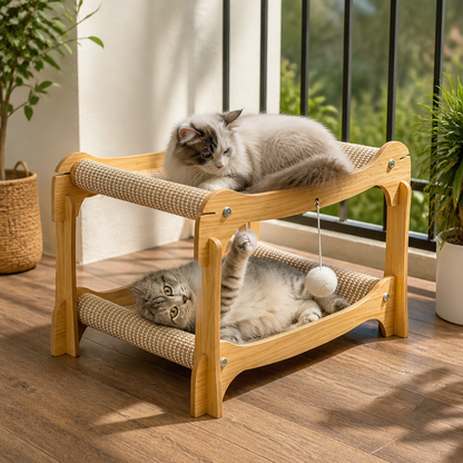 Wooden Double-Decker Cat Play & Lounge Bed with Sisal Scratching Ramp and Hanging Toys