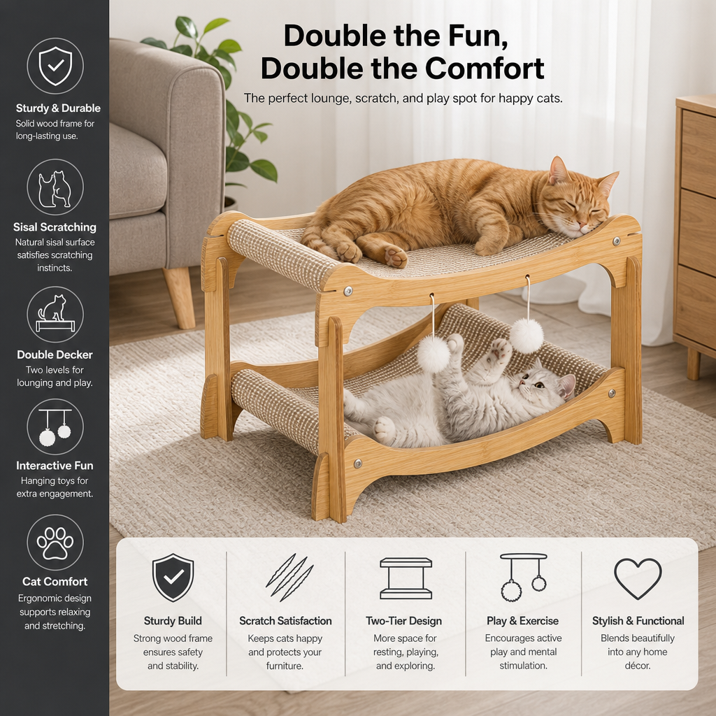 Wooden Double-Decker Cat Play & Lounge Bed with Sisal Scratching Ramp and Hanging Toys