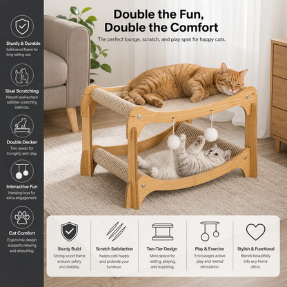 Wooden Double-Decker Cat Play & Lounge Bed with Sisal Scratching Ramp and Hanging Toys