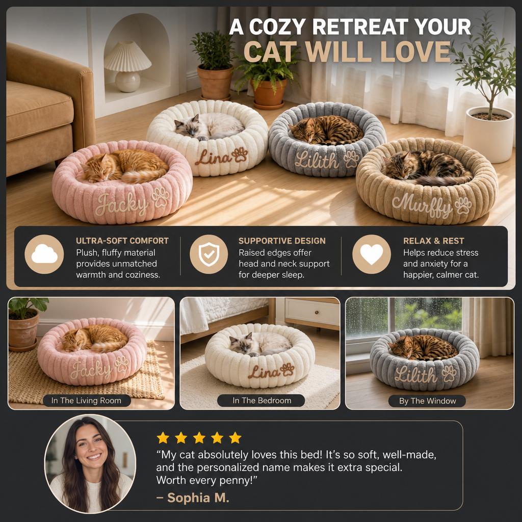 Personalized Round Fluffy CAT Bed
