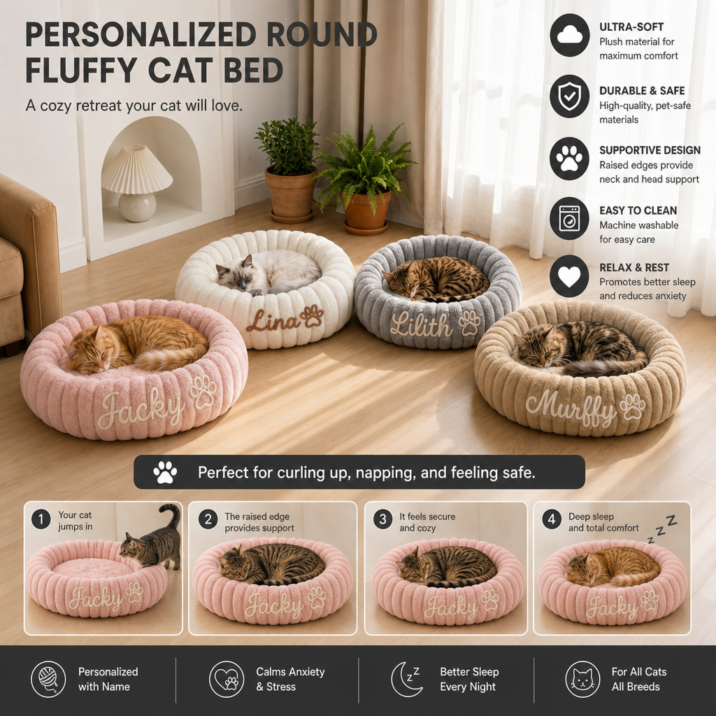 Personalized Round Fluffy CAT Bed
