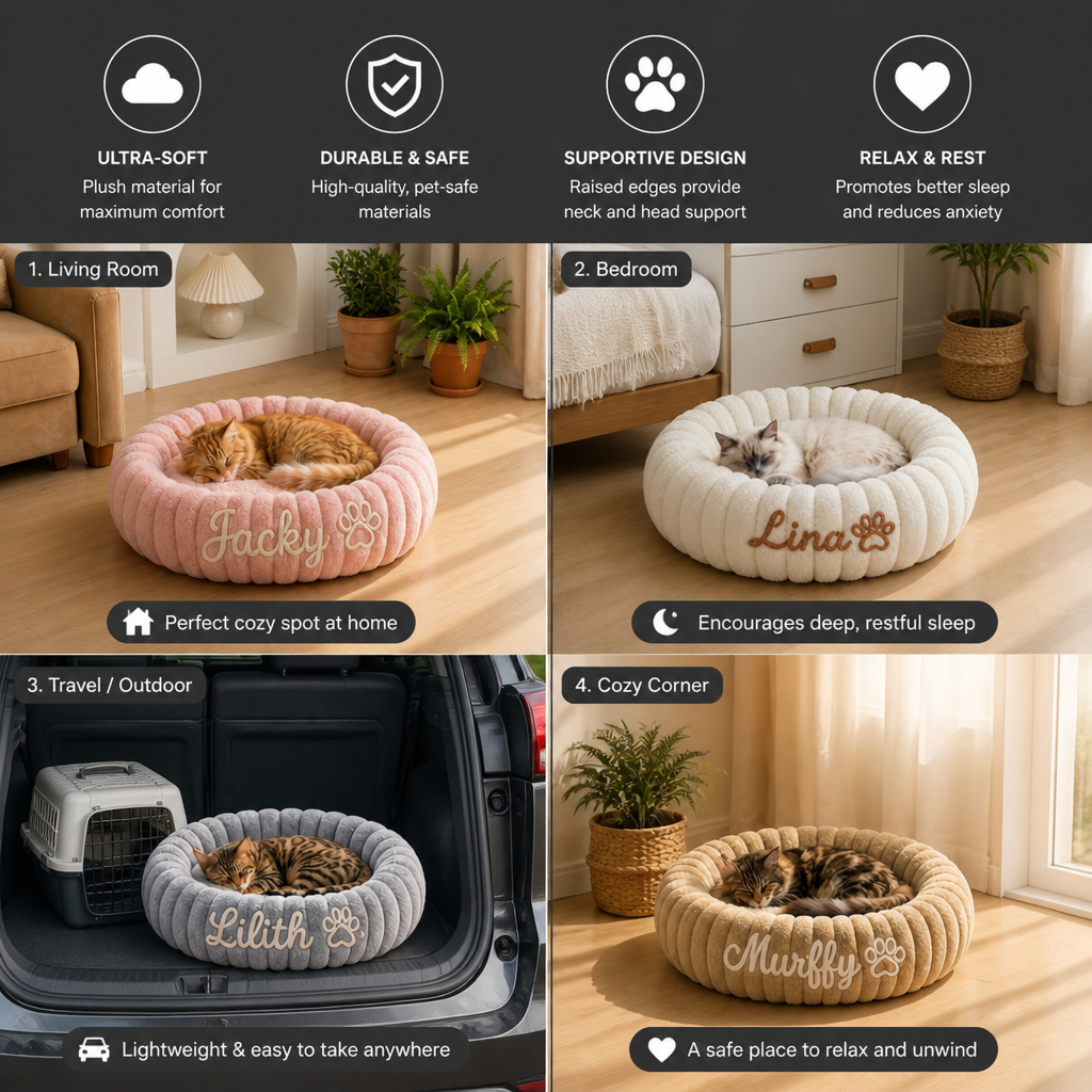 Personalized Round Fluffy CAT Bed