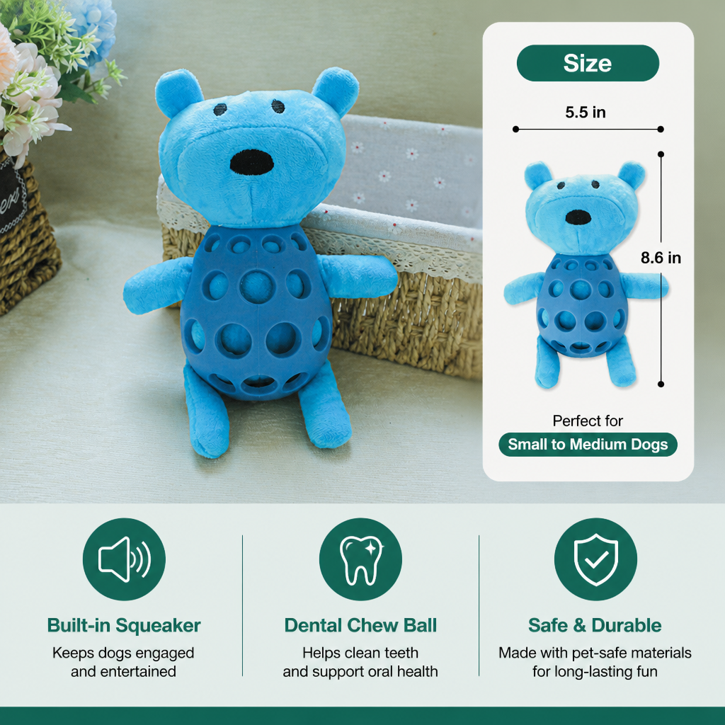 2-in-1 Bear Dog Toy – Squeaky Plush & Dental Chew Ball