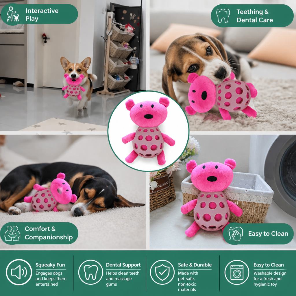 2-in-1 Bear Dog Toy – Squeaky Plush & Dental Chew Ball