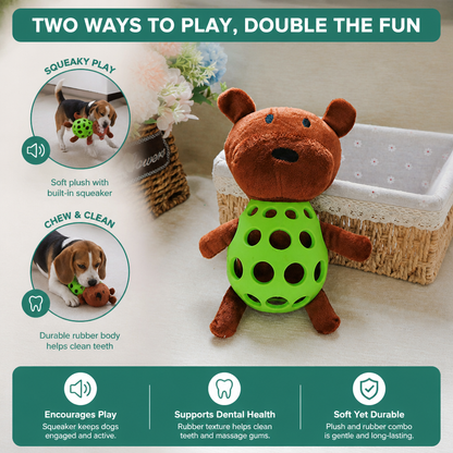 2-in-1 Bear Dog Toy – Squeaky Plush & Dental Chew Ball