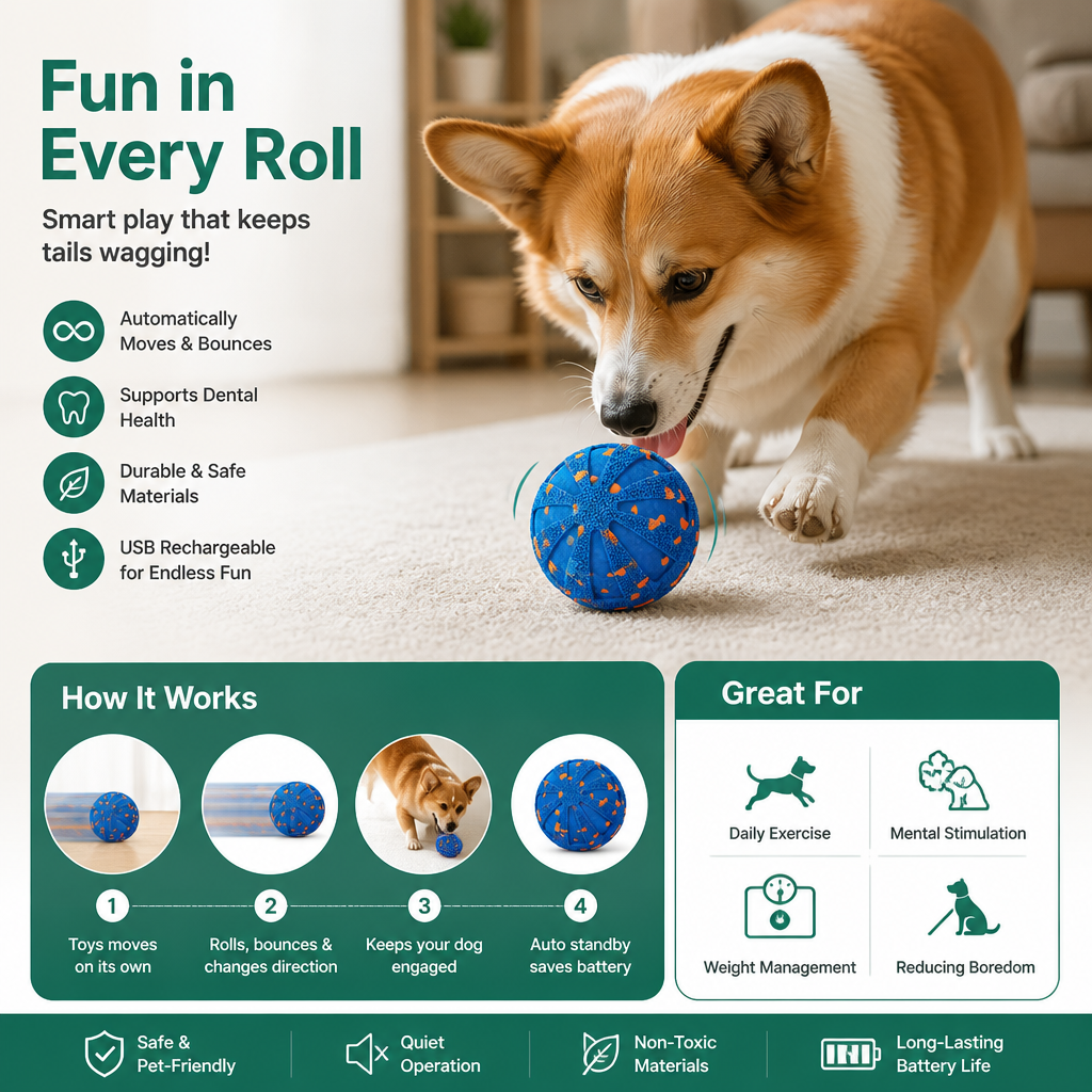Interactive Rechargeable Dog Ball – Smart Rolling & Dental Chew Toy