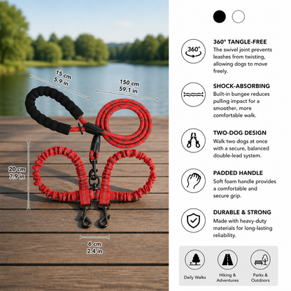 2-in-1 Double Dog Lead with 360° Swivel – Tangle-Free & Shock-Absorbing