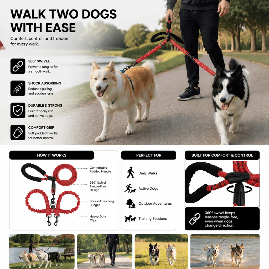 2-in-1 Double Dog Lead with 360° Swivel – Tangle-Free & Shock-Absorbing