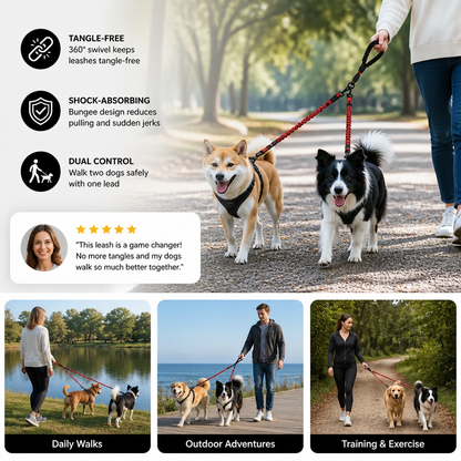 2-in-1 Double Dog Lead with 360° Swivel – Tangle-Free & Shock-Absorbing