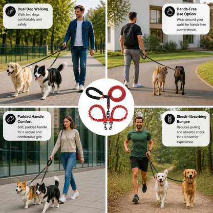 2-in-1 Double Dog Lead with 360° Swivel – Tangle-Free & Shock-Absorbing