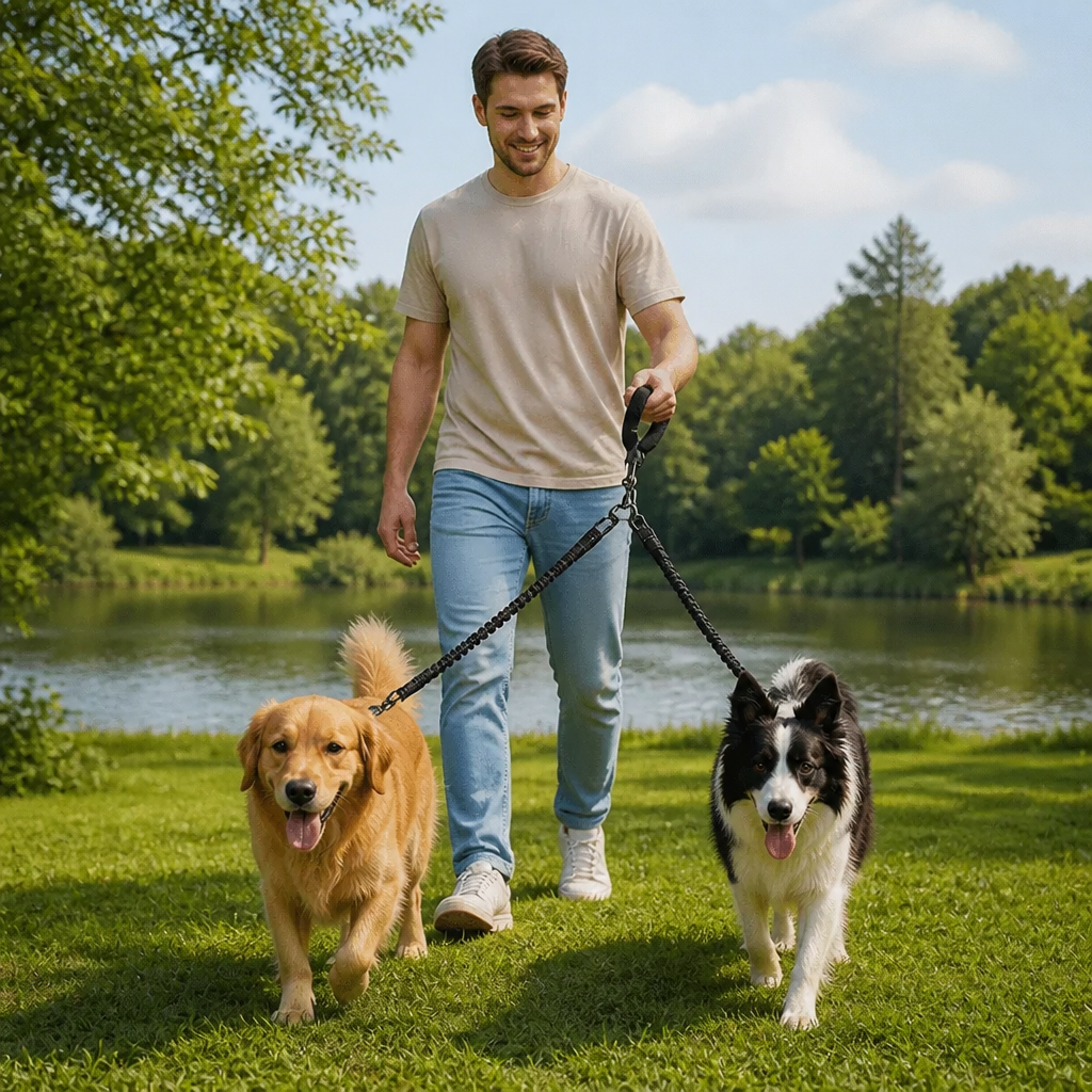 2-in-1 Double Dog Lead with 360° Swivel – Tangle-Free & Shock-Absorbing