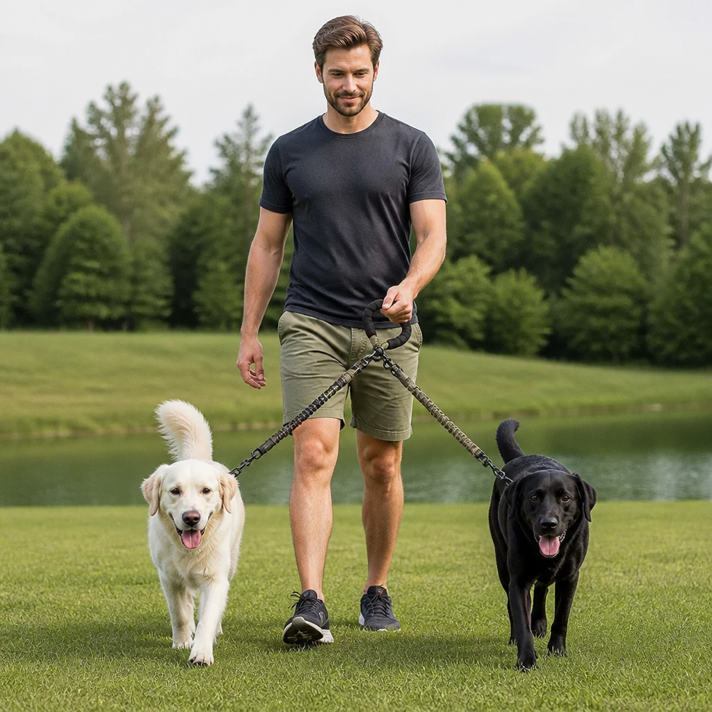 2-in-1 Double Dog Lead with 360° Swivel – Tangle-Free & Shock-Absorbing