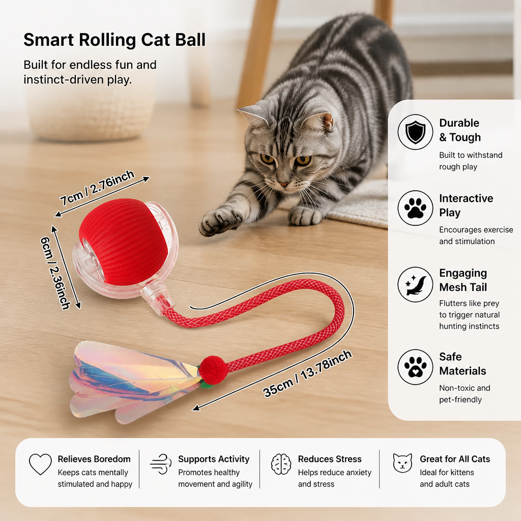 Upgraded Smart Rolling Cat Ball – Durable Interactive Toy with Mesh Tail