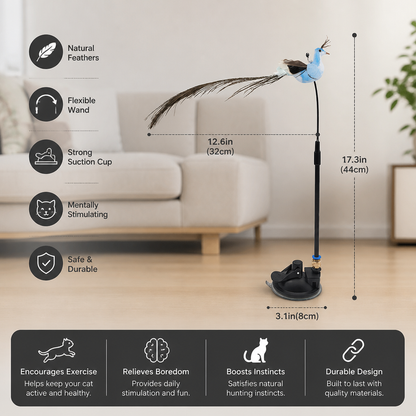 Hands-Free Interactive Cat Wand Toy with Natural Feathers & Suction Cup