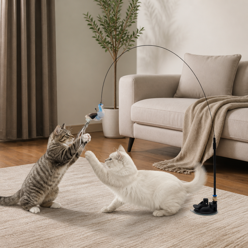 Hands-Free Interactive Cat Wand Toy with Natural Feathers & Suction Cup