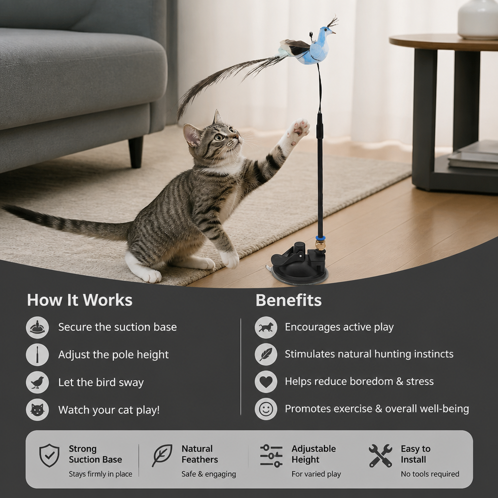 Hands-Free Interactive Cat Wand Toy with Natural Feathers & Suction Cup