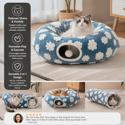 Fluffy 2-in-1 Pet Play Tunnel & Calming Bed with Cozy Blanket and Peekaboo Hole