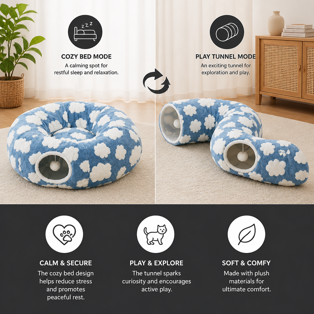Fluffy 2-in-1 Pet Play Tunnel & Calming Bed with Cozy Blanket and Peekaboo Hole