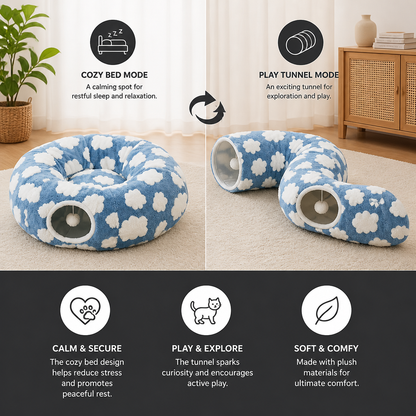 Fluffy 2-in-1 Pet Play Tunnel & Calming Bed with Cozy Blanket and Peekaboo Hole
