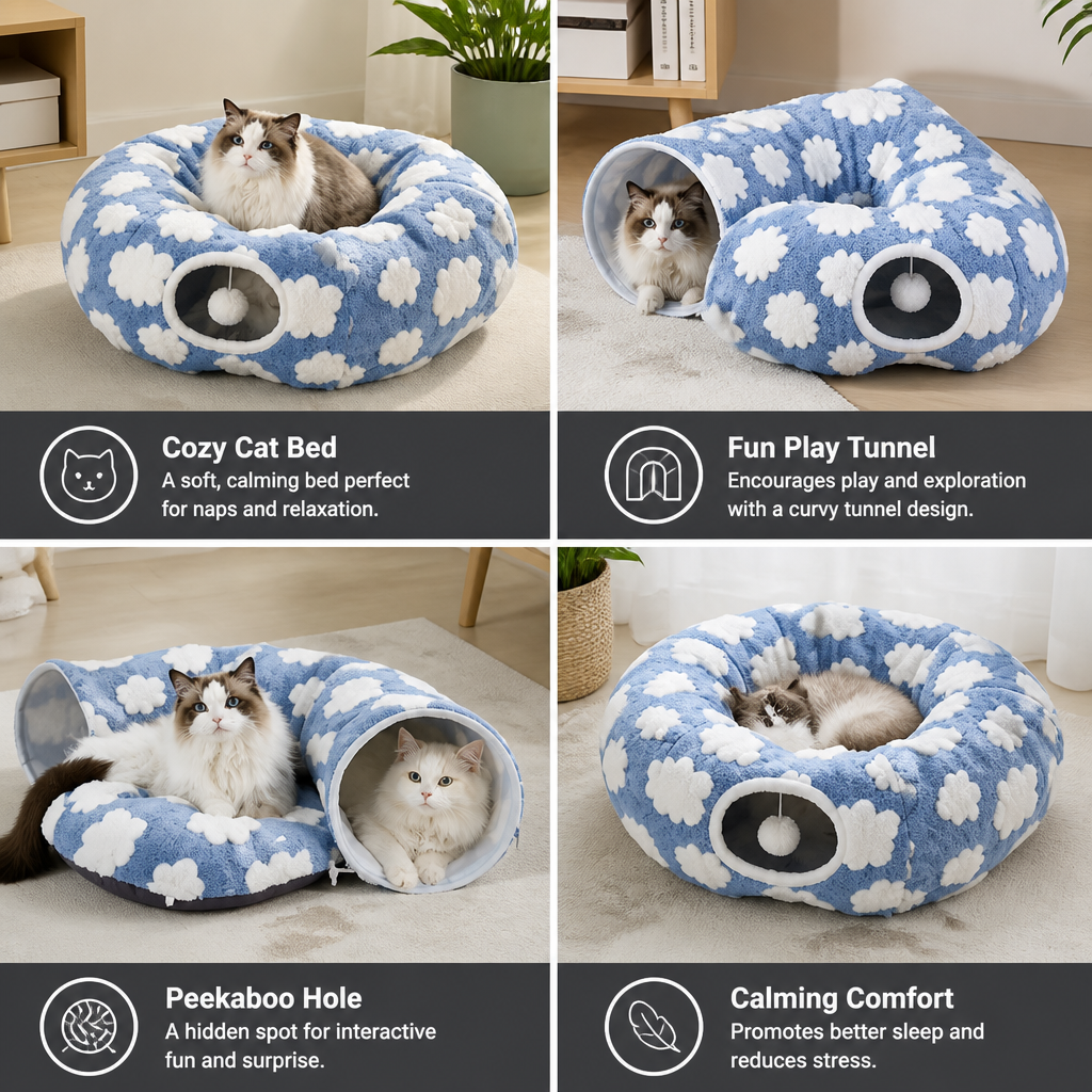 Fluffy 2-in-1 Pet Play Tunnel & Calming Bed with Cozy Blanket and Peekaboo Hole
