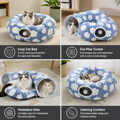 Fluffy 2-in-1 Pet Play Tunnel & Calming Bed with Cozy Blanket and Peekaboo Hole