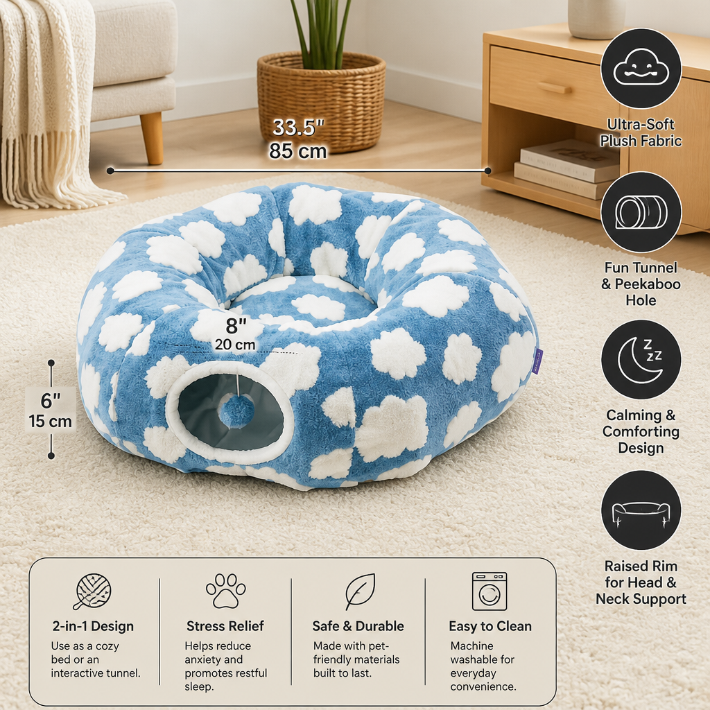 Fluffy 2-in-1 Pet Play Tunnel & Calming Bed with Cozy Blanket and Peekaboo Hole