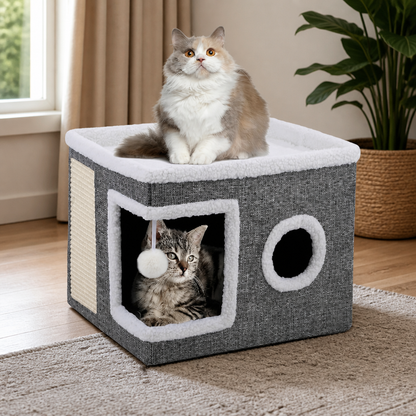 Modern Foldable Cat House with Double-Sided All-Season Cushion & Hanging Toys
