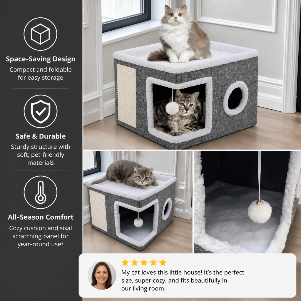 Modern Foldable Cat House with Double-Sided All-Season Cushion & Hanging Toys