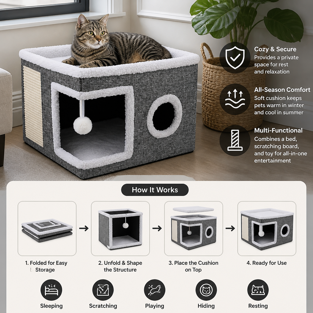 Modern Foldable Cat House with Double-Sided All-Season Cushion & Hanging Toys