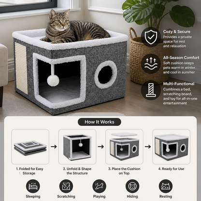 Modern Foldable Cat House with Double-Sided All-Season Cushion & Hanging Toys
