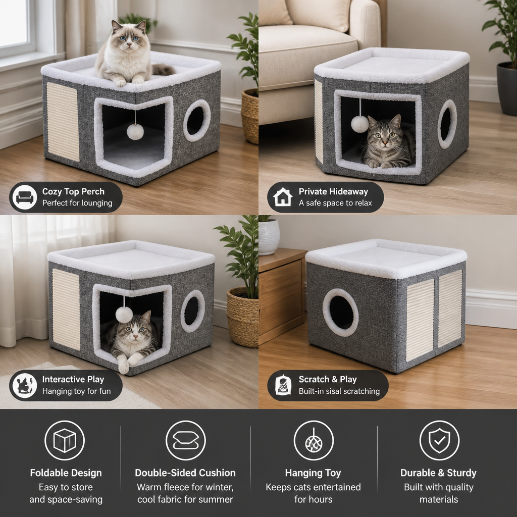 Modern Foldable Cat House with Double-Sided All-Season Cushion & Hanging Toys
