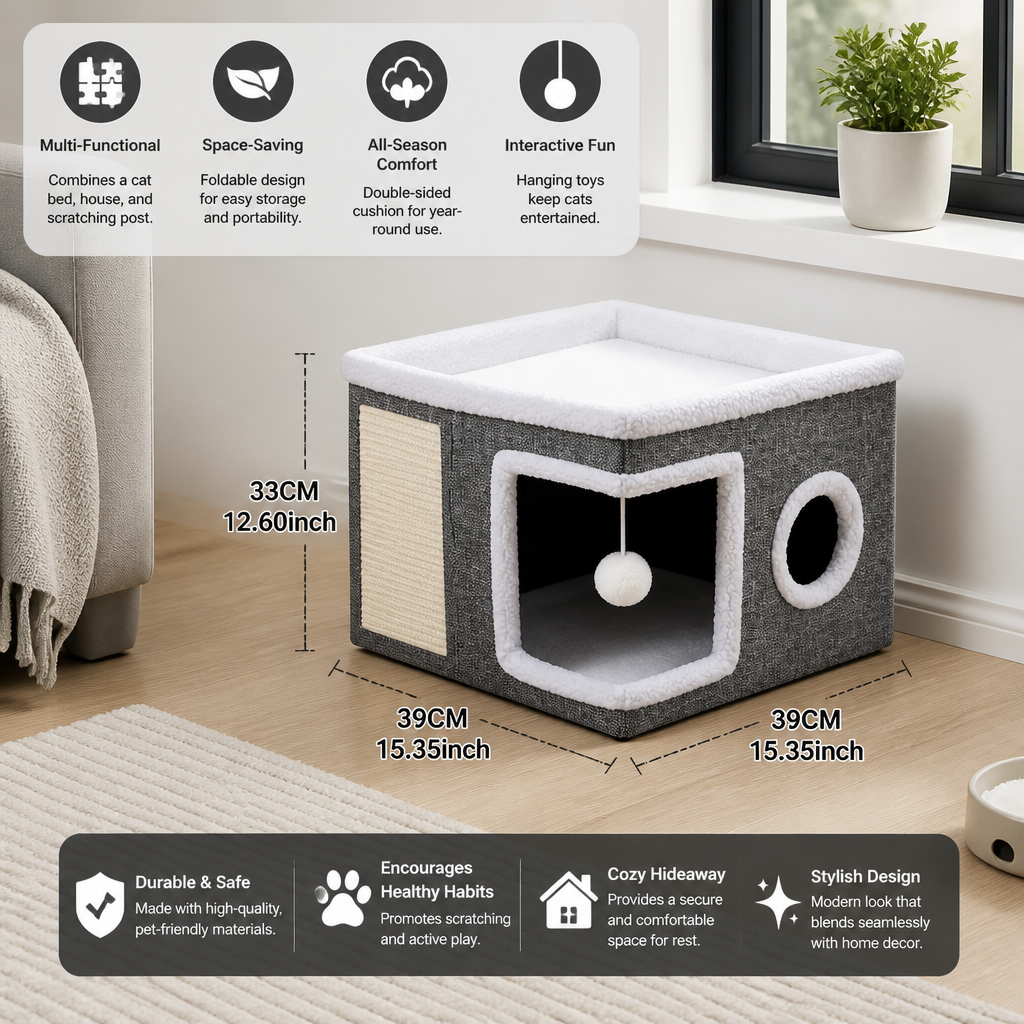 Modern Foldable Cat House with Double-Sided All-Season Cushion & Hanging Toys