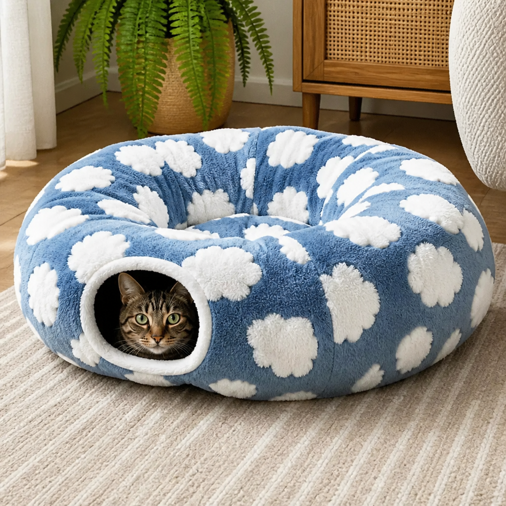 Fluffy 2-in-1 Pet Play Tunnel & Calming Bed with Cozy Blanket and Peekaboo Hole