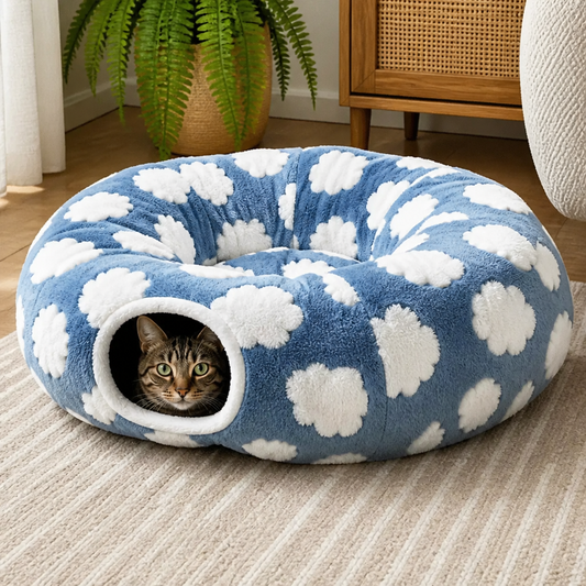 Fluffy 2-in-1 Pet Play Tunnel & Calming Bed with Cozy Blanket and Peekaboo Hole