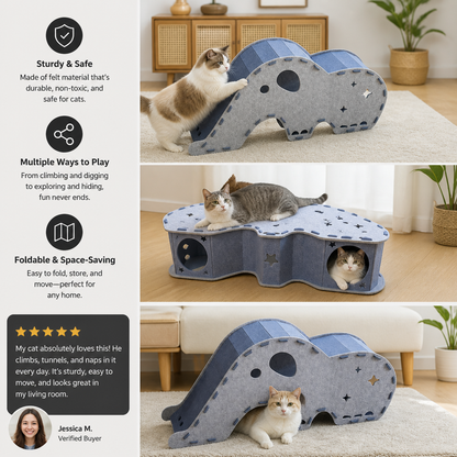 Elephant-Shaped Felt Cat Play Tunnel & Cozy Bed – Foldable and Connectable Design